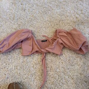 Boohoo Tie-Front Puff Sleeve Crop Top - Dusty Rose